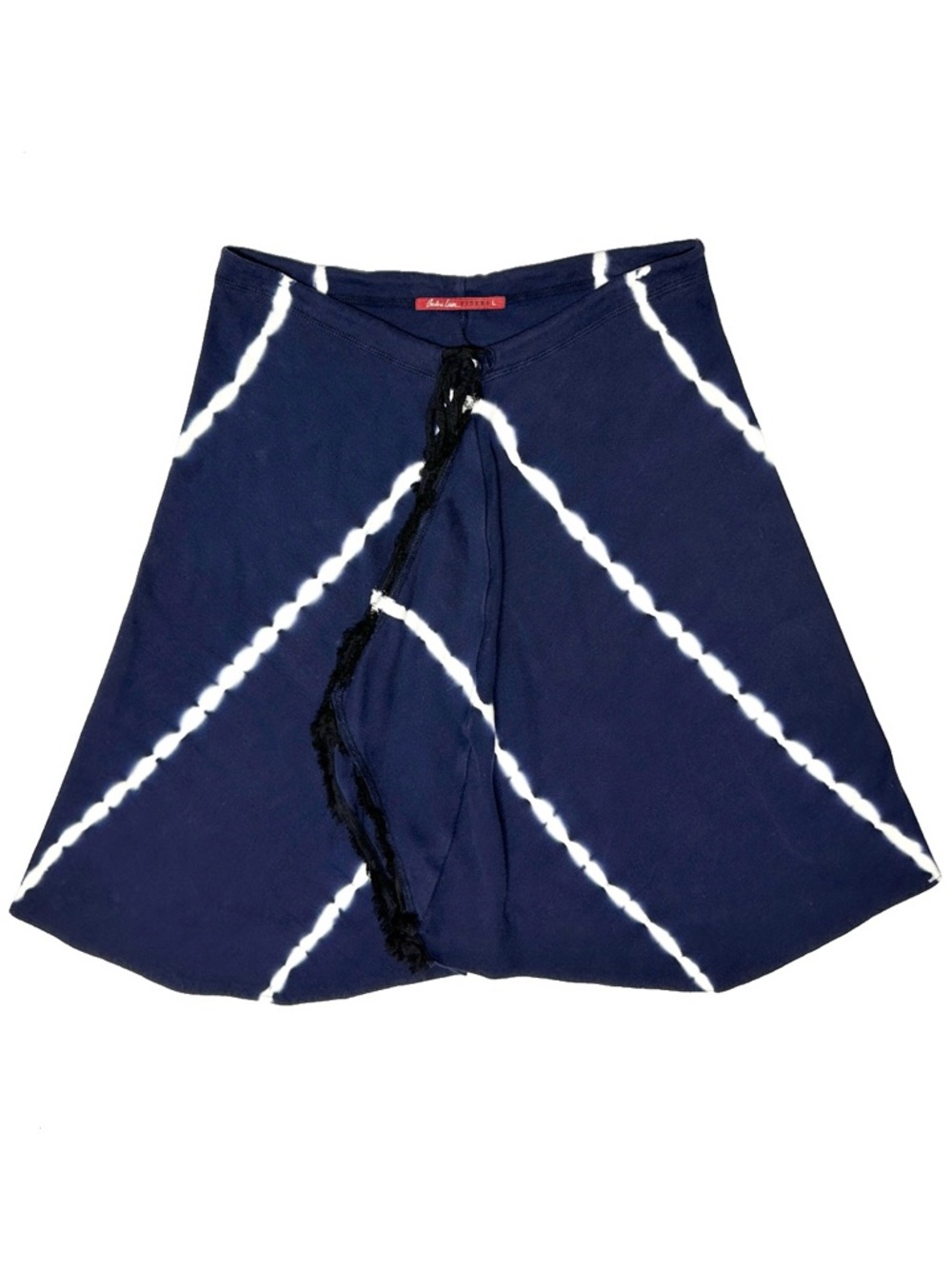 Barbara Lesser Fibers Navy Blue White Stripes Tie Dye Fringe Tie Waist Skirt L
